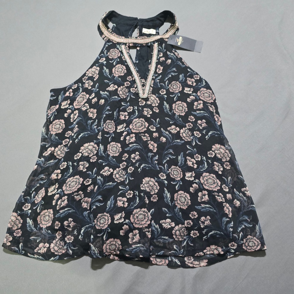 Hollister Halter Top Womens Small Black Floral Beaded V-Neck Keyhole Blouse
